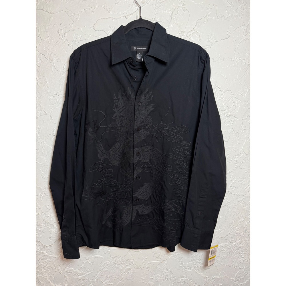 INC International Concepts Mens Black Dragon Embroidered Button Down Shirt M NEW